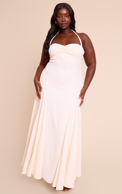 Plus Cream Woven Halterneck Ruched Bust Detail Maxi Dress