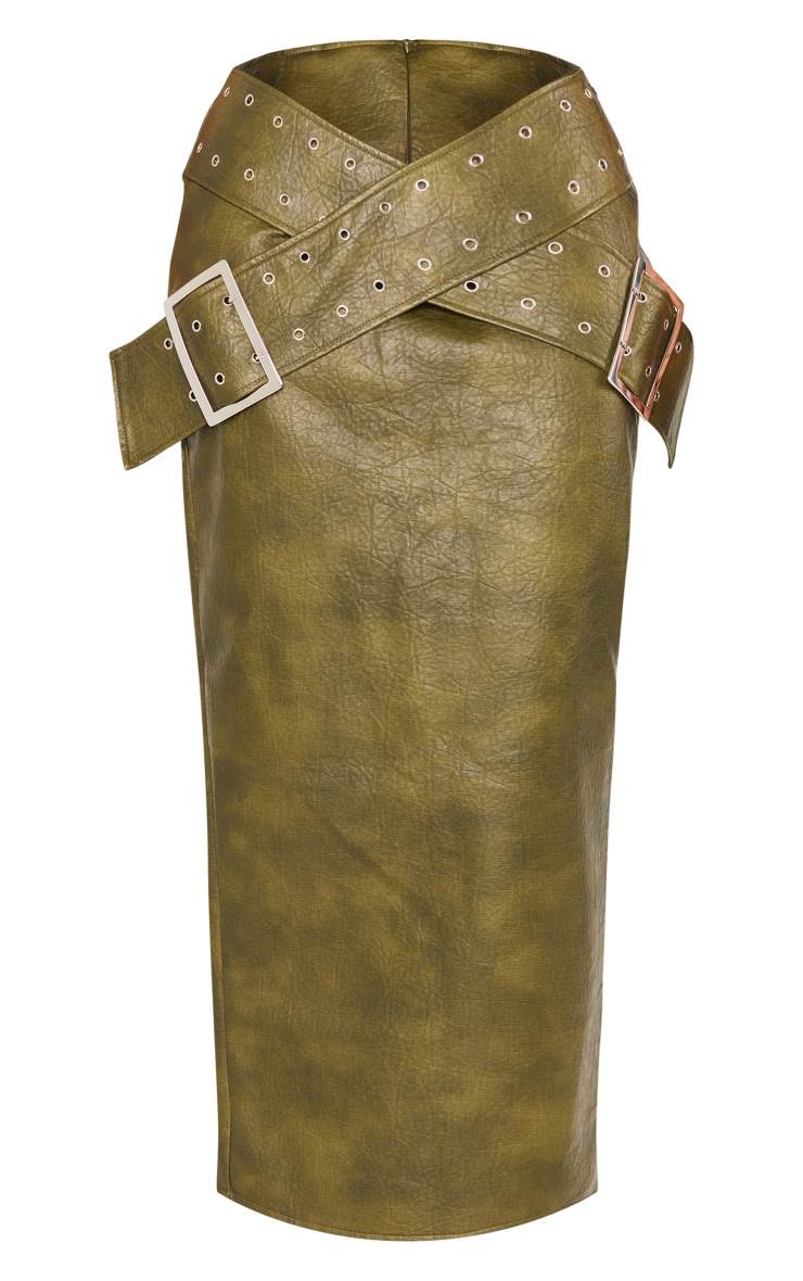 Shape Khaki Washed Effect Faux Leather Belt Detail Maxi Skirt image 4