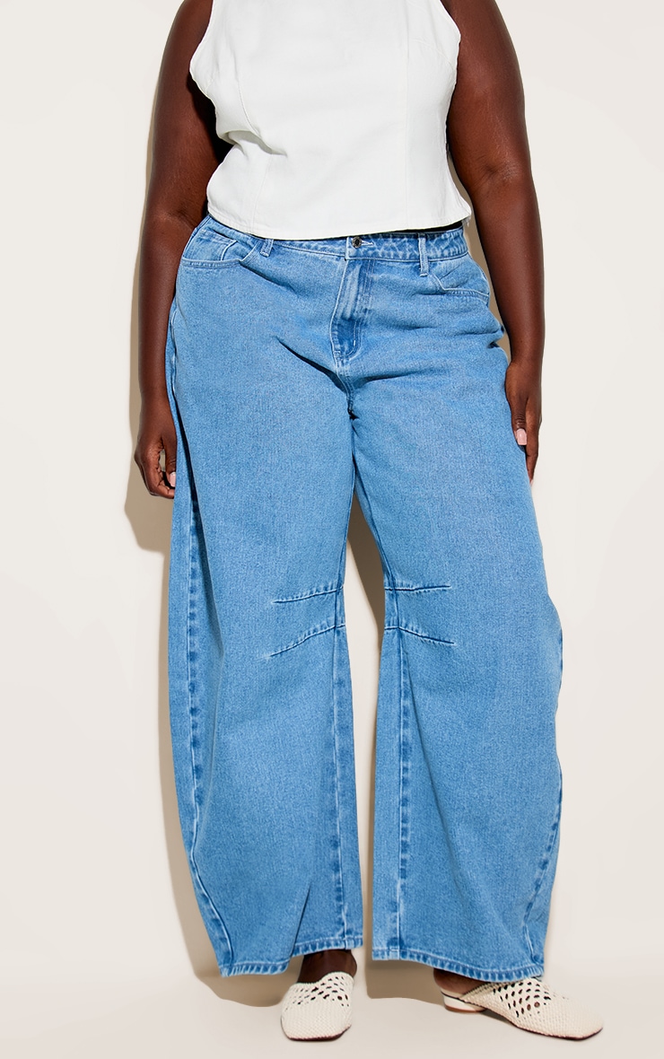 Plus Mid Blue Wash Seam Detail Barrel Jean image 2