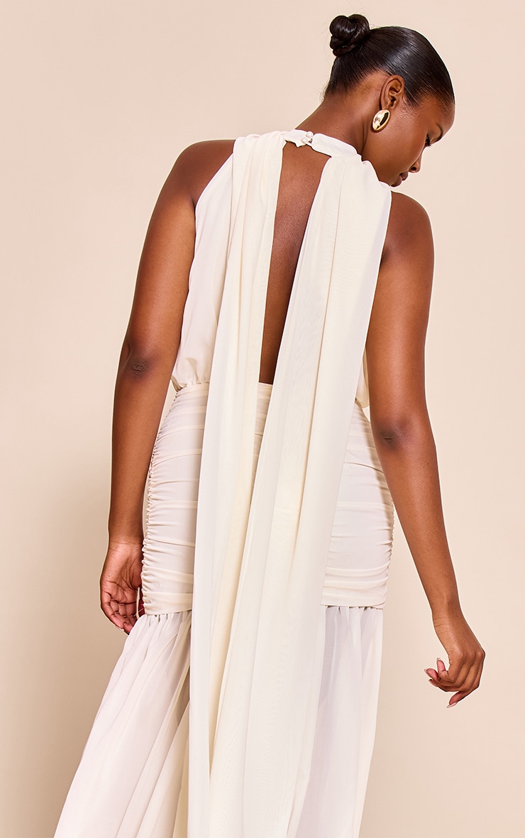 Cream High Neck Scarf Detail Ruched Maxi Dress image 4