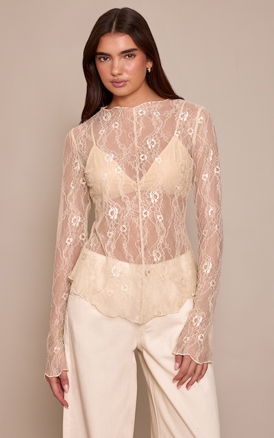 Cream Long Sleeve Delicate Lace Top