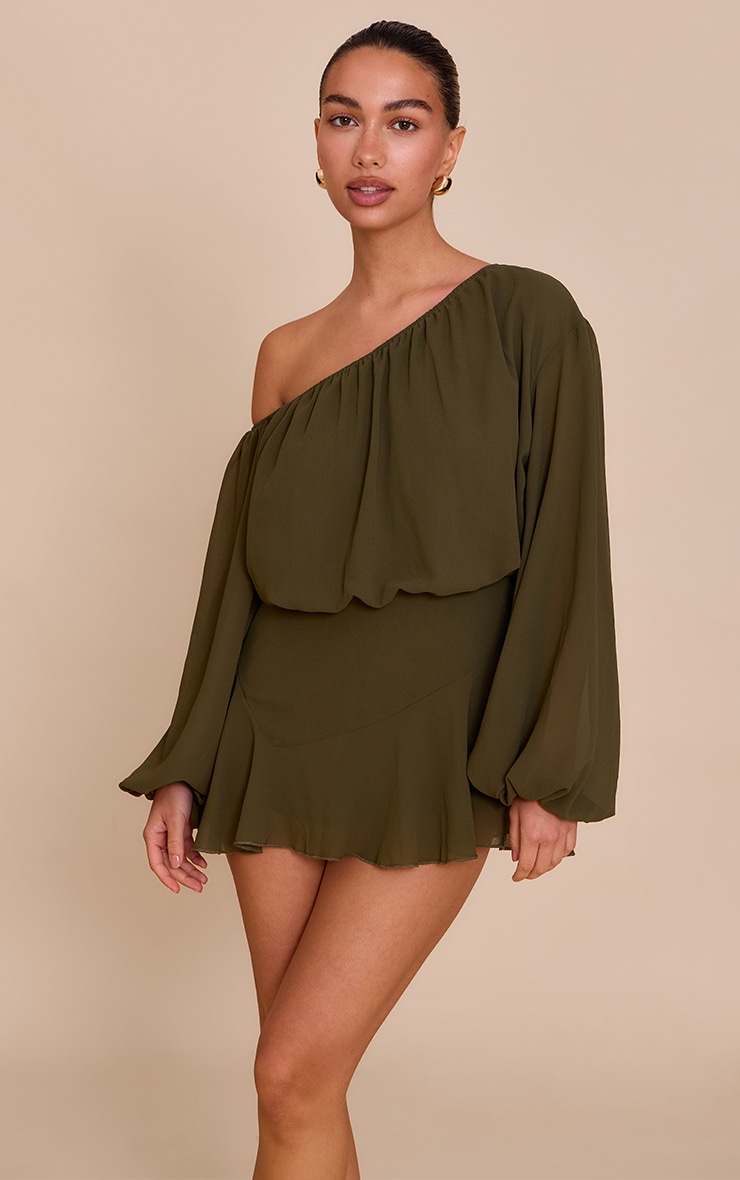 Dark Olive Chiffon One Shoulder Floaty Detail Skort Playsuit image 1