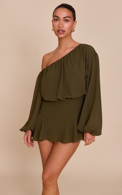 Dark Olive Chiffon One Shoulder Floaty Detail Skort Playsuit
