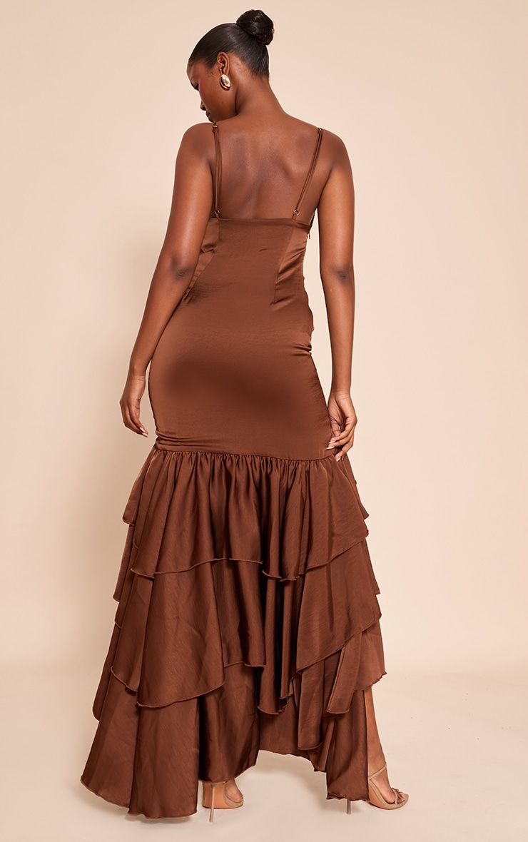 Chocolate Satin Plunge Extreme Frill Hem Maxi Dress image 2