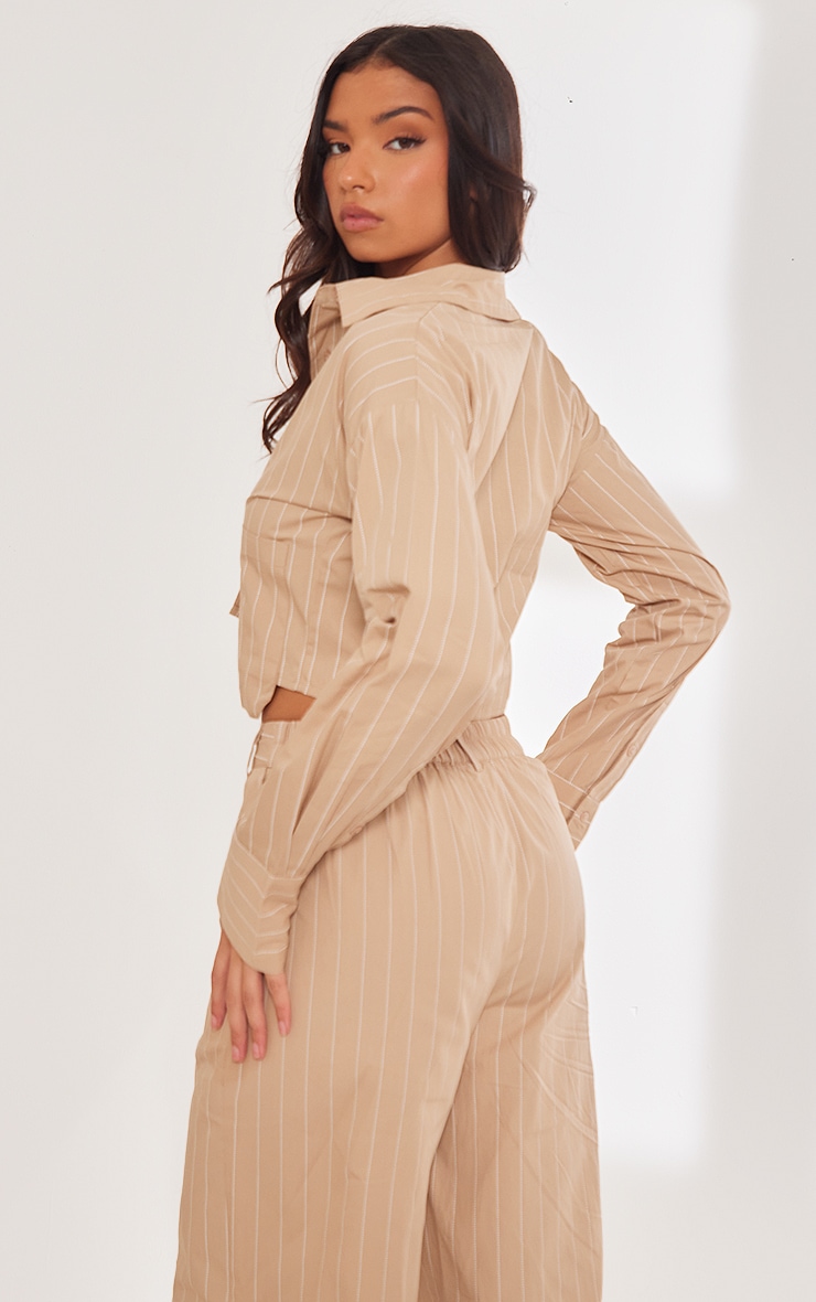 Stone Poplin Pinstripe Pocket Detail Cropped Shirt image 2