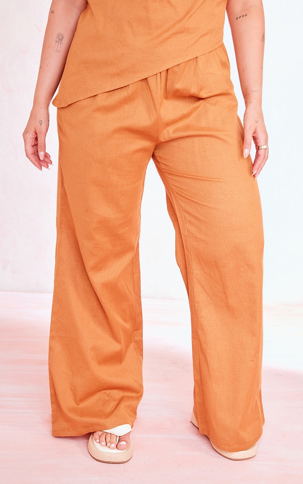 Plus Brown Linen Look Elasticated Waist Pants PrettyLittleThing USA