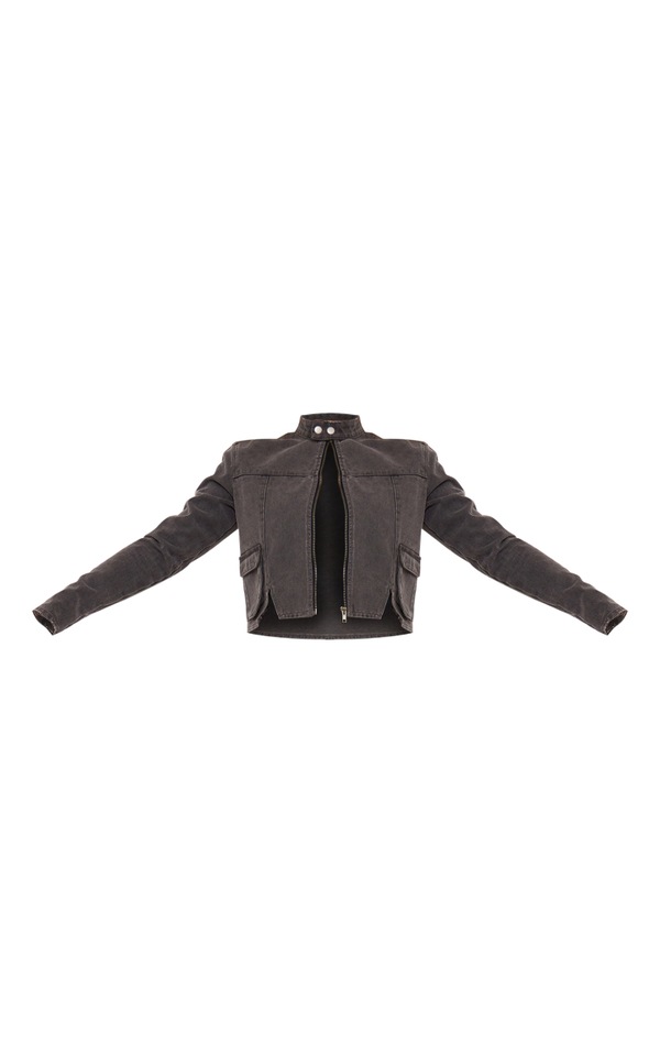 Washed Grey Acid Wash Zip Seam Crop Denim Jacket PrettyLittleThing