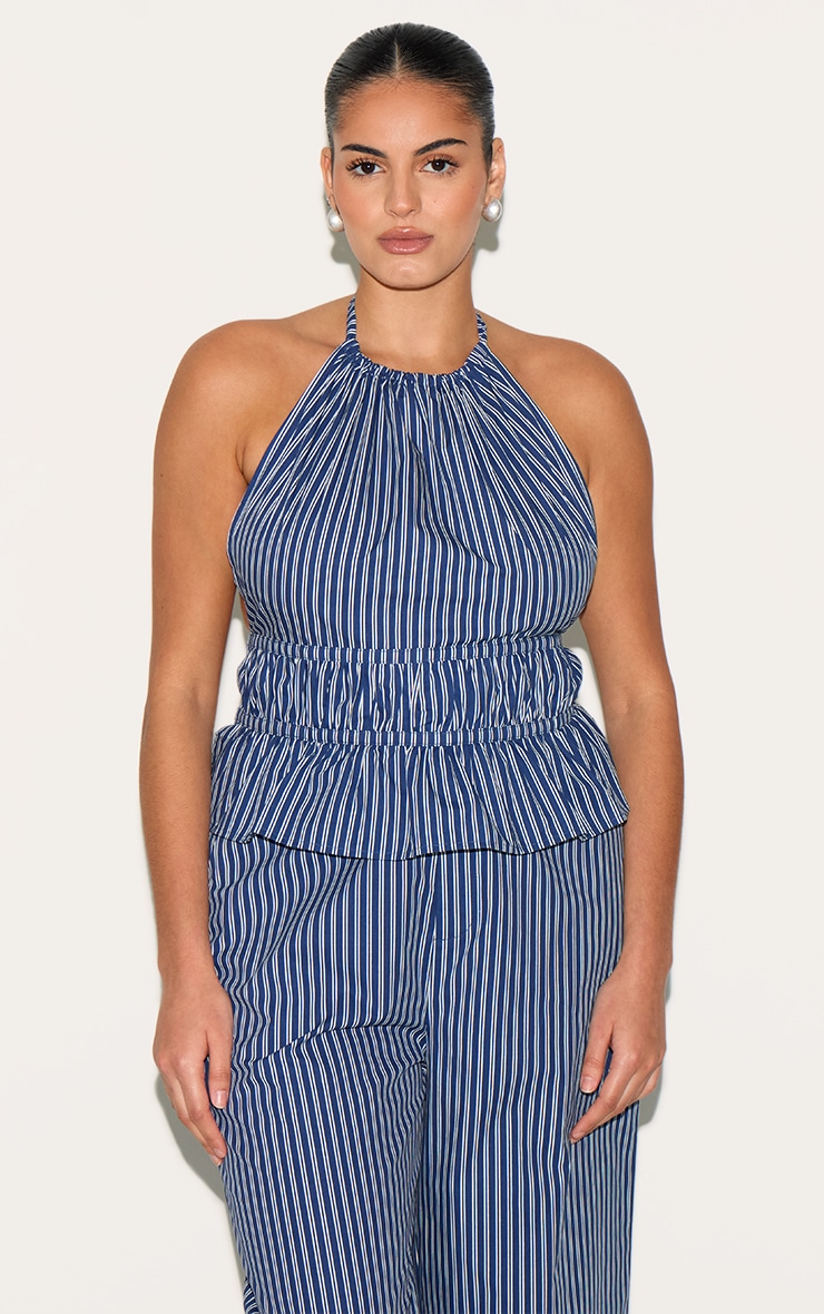 Plus Indigo Stripe Ruched Backless Halterneck Woven Top image 1