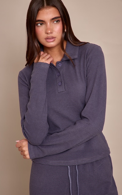 Grey Soft Fleece Pinstripe Collar Detail Long Sleeve Top