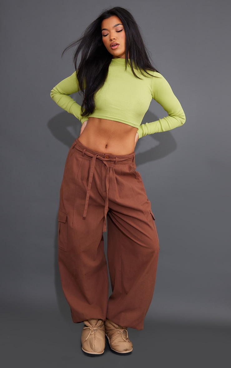  Lime Green Basic Rib High Neck Long Sleeve Crop image 3