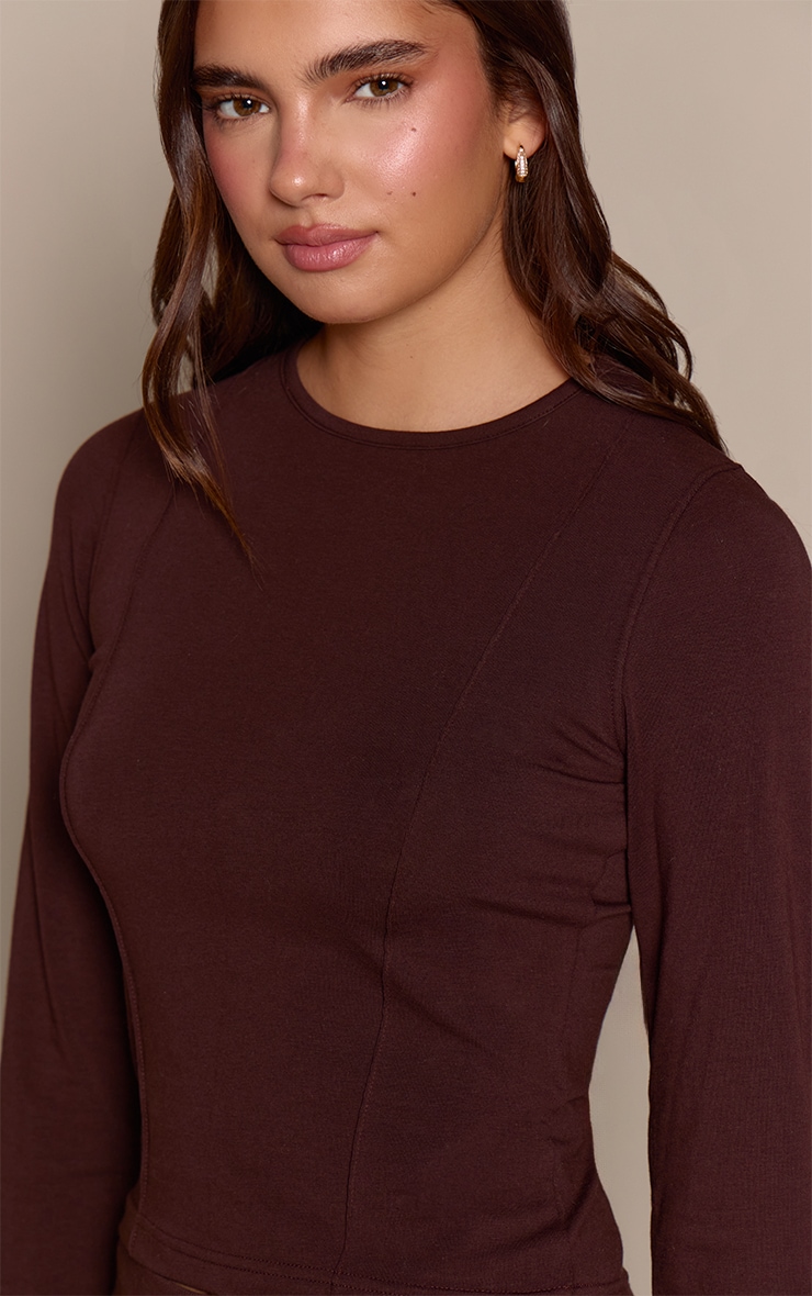 Dark Brown Cotton Seam Detail Long Sleeve Top image 4