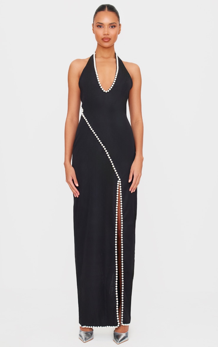 Robe longue fendue noire à détail perles image 1