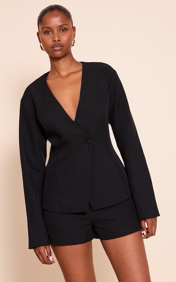 Black Tailored Cinched Waist Asymmetric Blazer