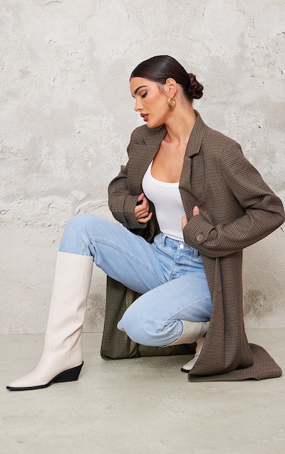 Cream PU Point Toe Black Heel Western Boots