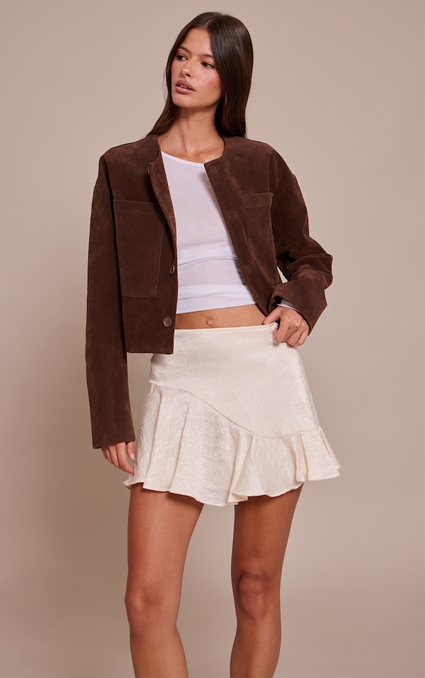 Cream Textured Satin Scalloped Edge Mini Skirt