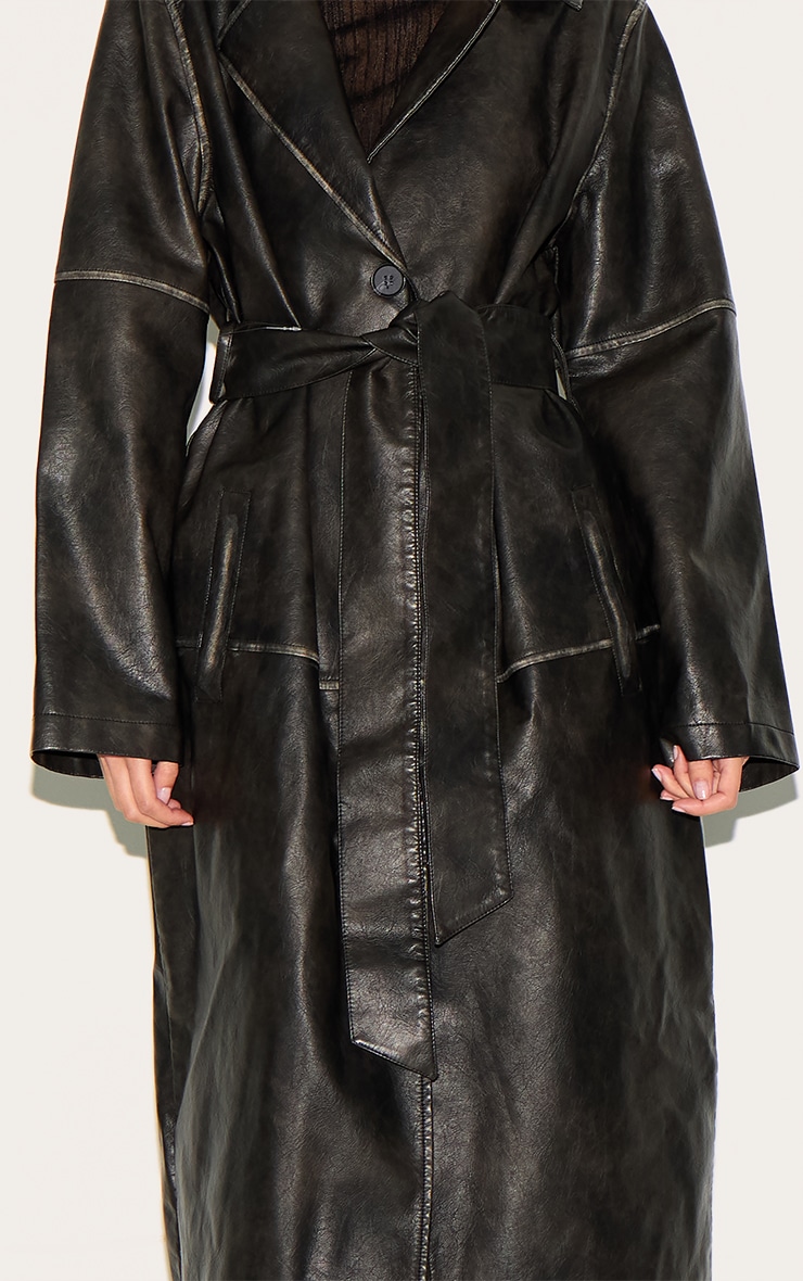 Black Distressed Faux Leather Seam Detail Trench Coat image 4