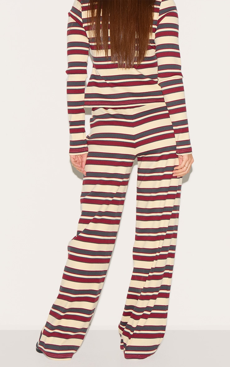 Burgundy Striped Mid Rise Ribbed Straight Leg Pants image 3
