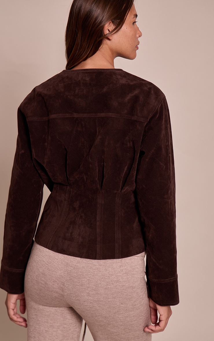  Chocolate Faux Suede Covered Button Cinch Waist Jacket image 2