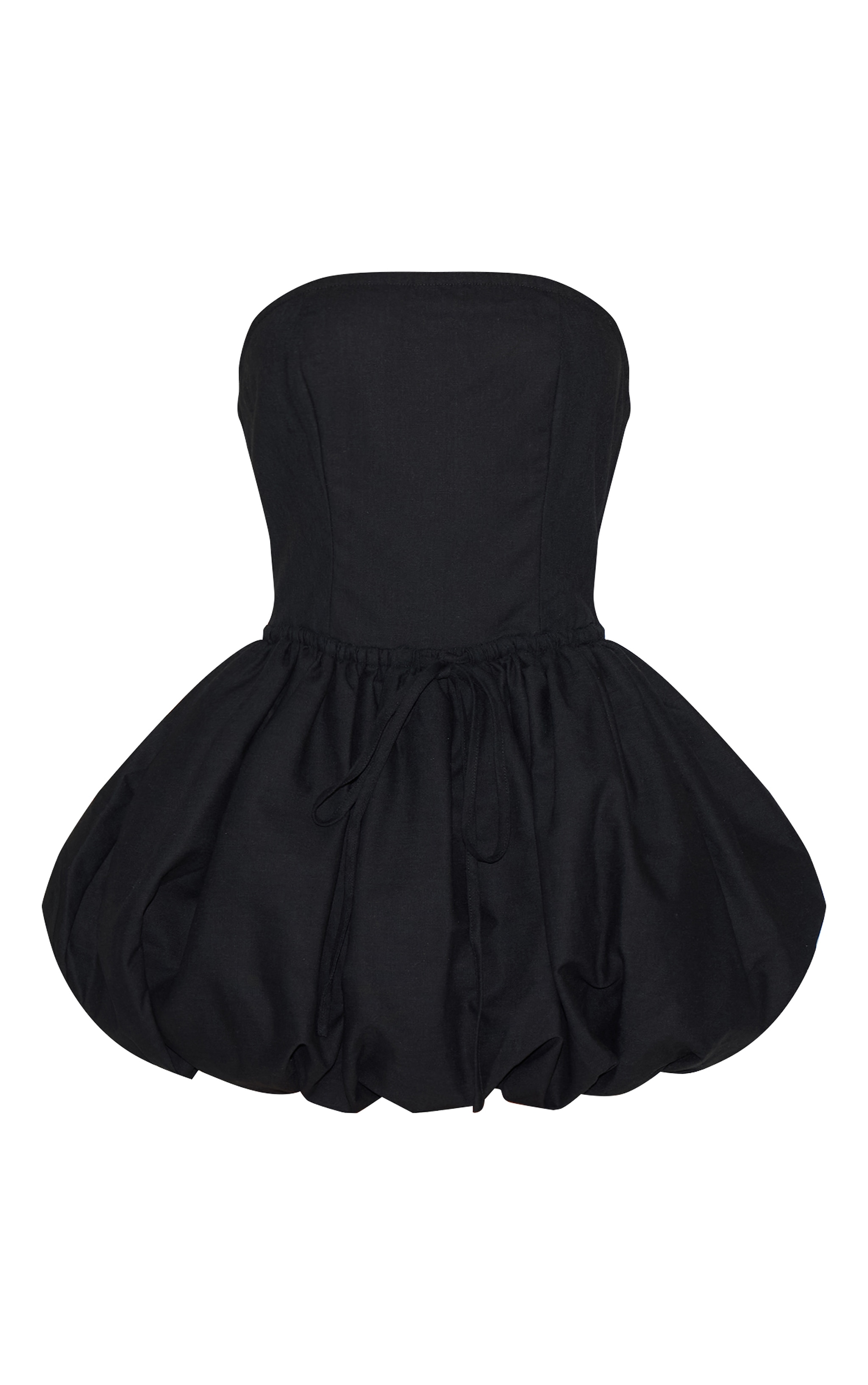 Black Linen Bandeau Tie Waist Puffball Dress image 5