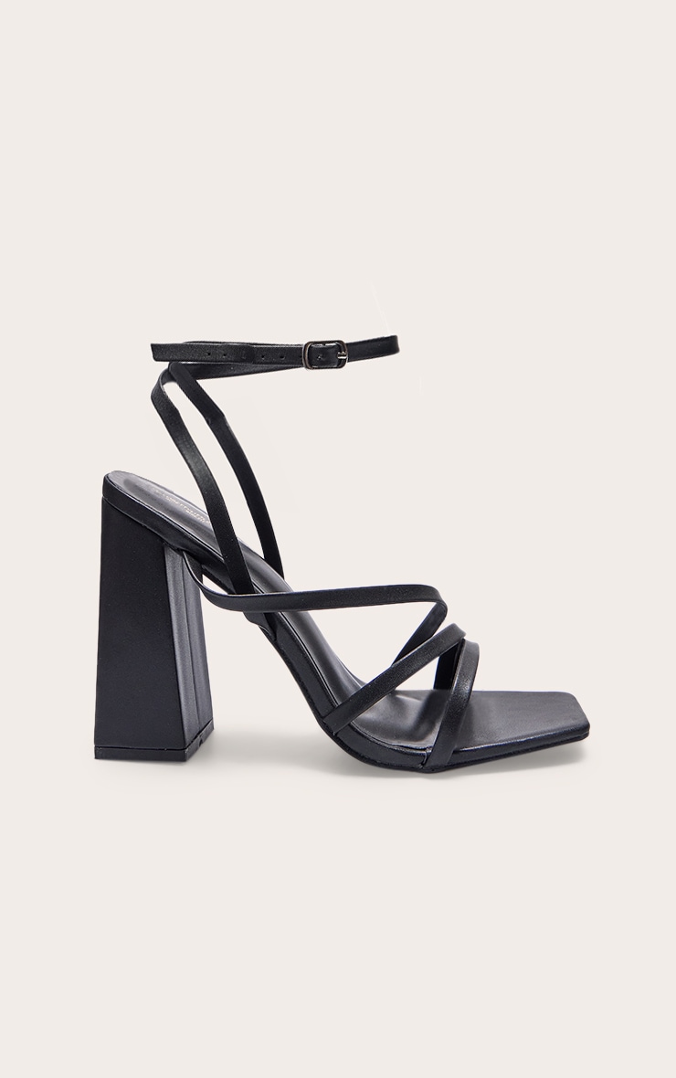 Black Wide Fit PU Square Toe Strappy High Block Heeled Sandals image 1