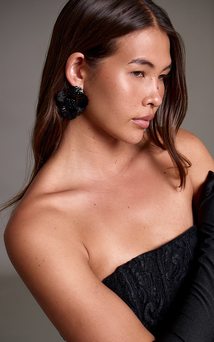 Black Diamante Detail Flower Statement Earrings image 1