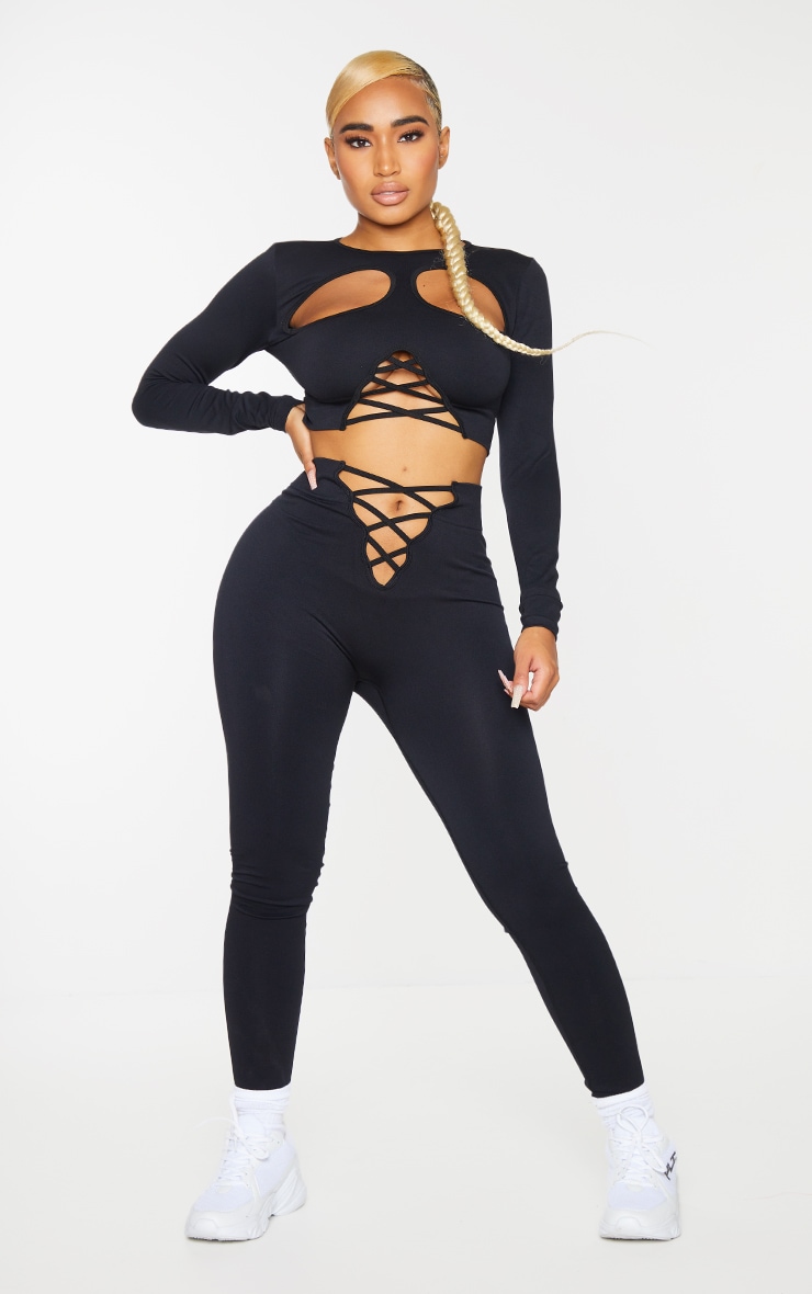 PRETTYLITTLETHING Shape Black Lace Up Gym Leggings image 1