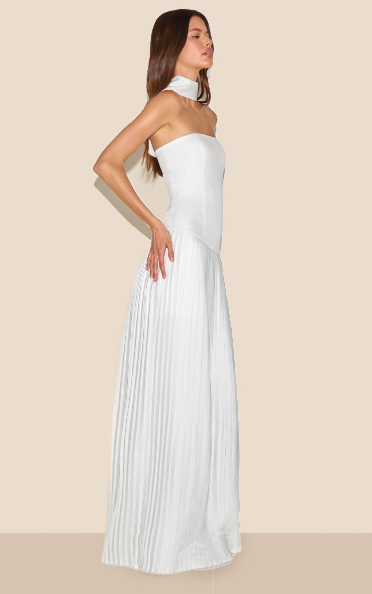 Cream Woven Asymmetric Pleated Maxi Dress image 3