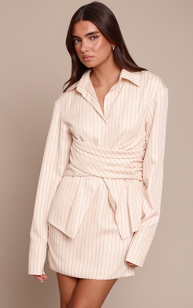 Cream Pinstripe Wrap Detail Long Sleeve Shirt Dress image 1