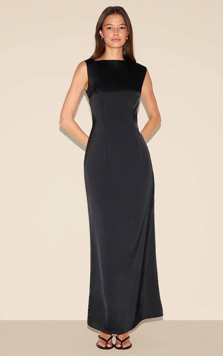 Black Bridesmaid Satin Boat Neck Maxi Dress image 1