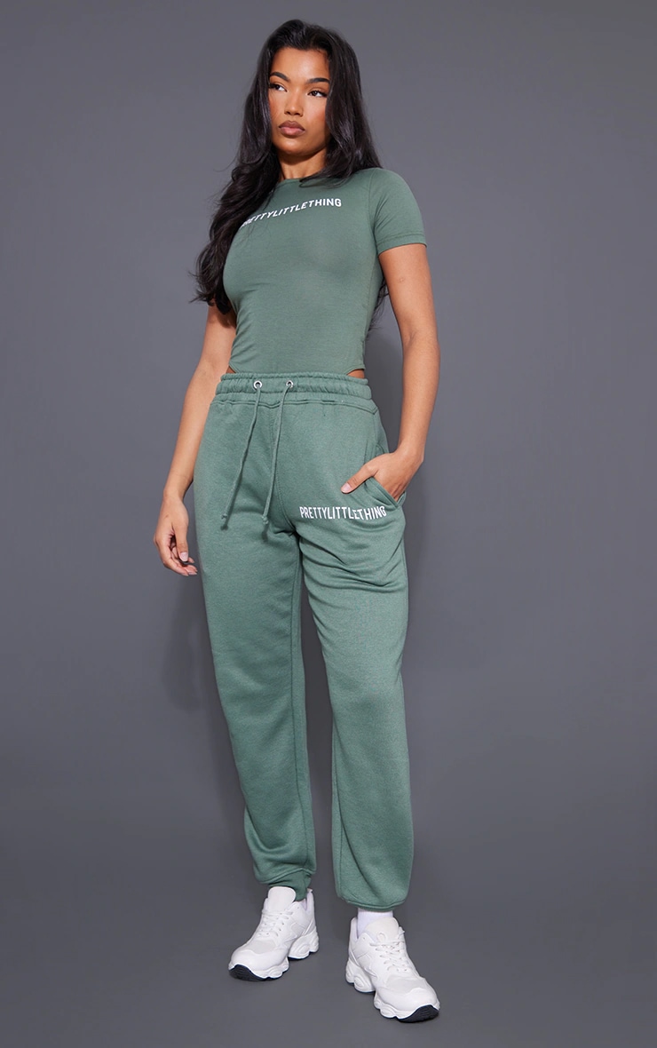 PRETTYLITTLETHING Sea Green Logo High Waisted Cuffed Track Pant image 2