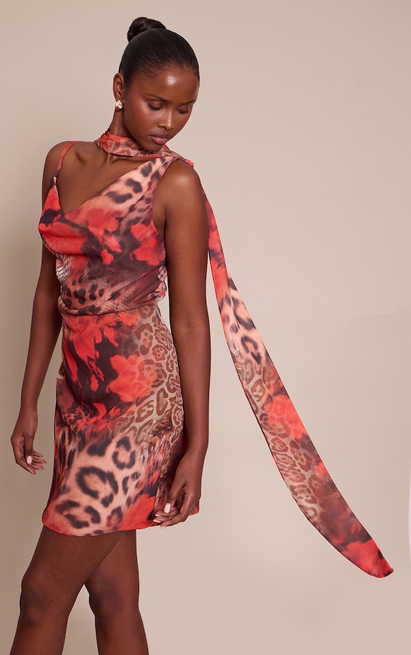 Leopard Floral Print Chiffon Scarf Mini Dress