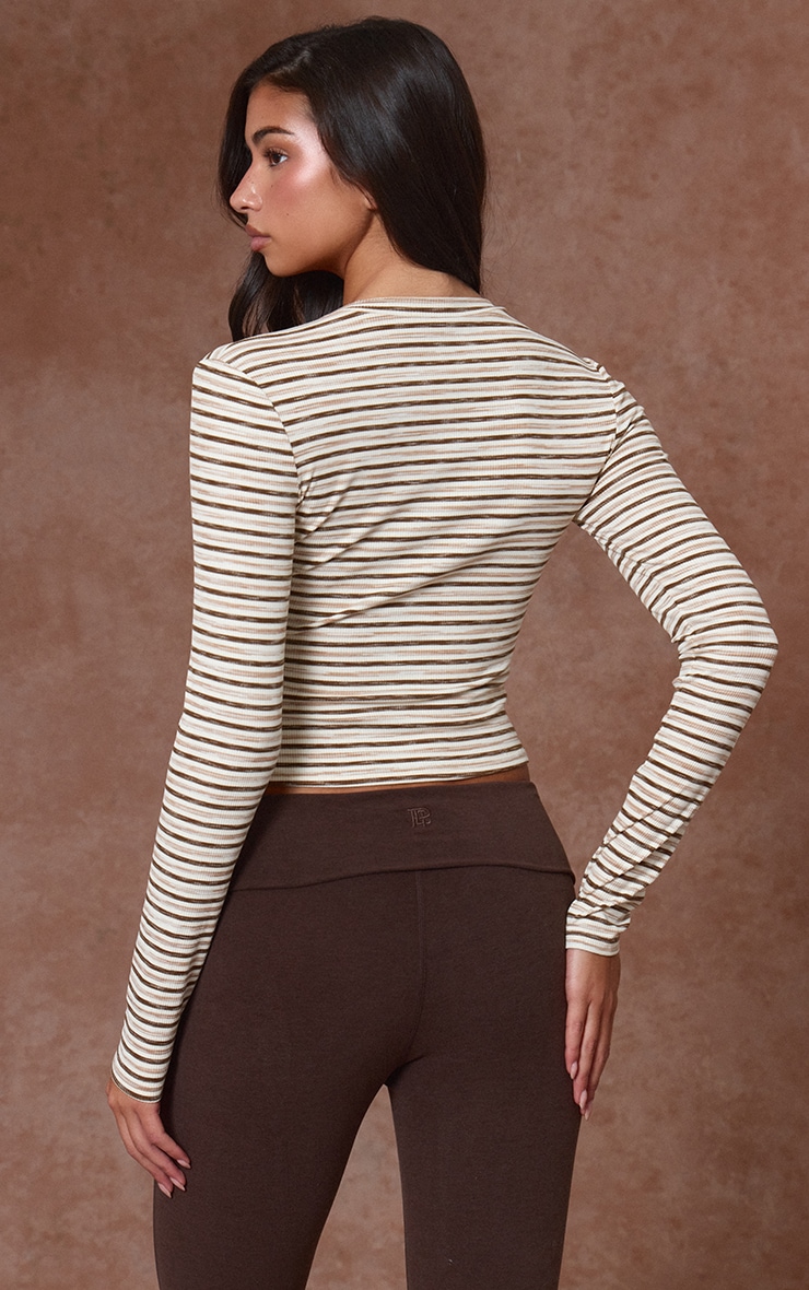 Light Brown Soft Rib Striped Detail Oversized Long Sleeve Top image 2