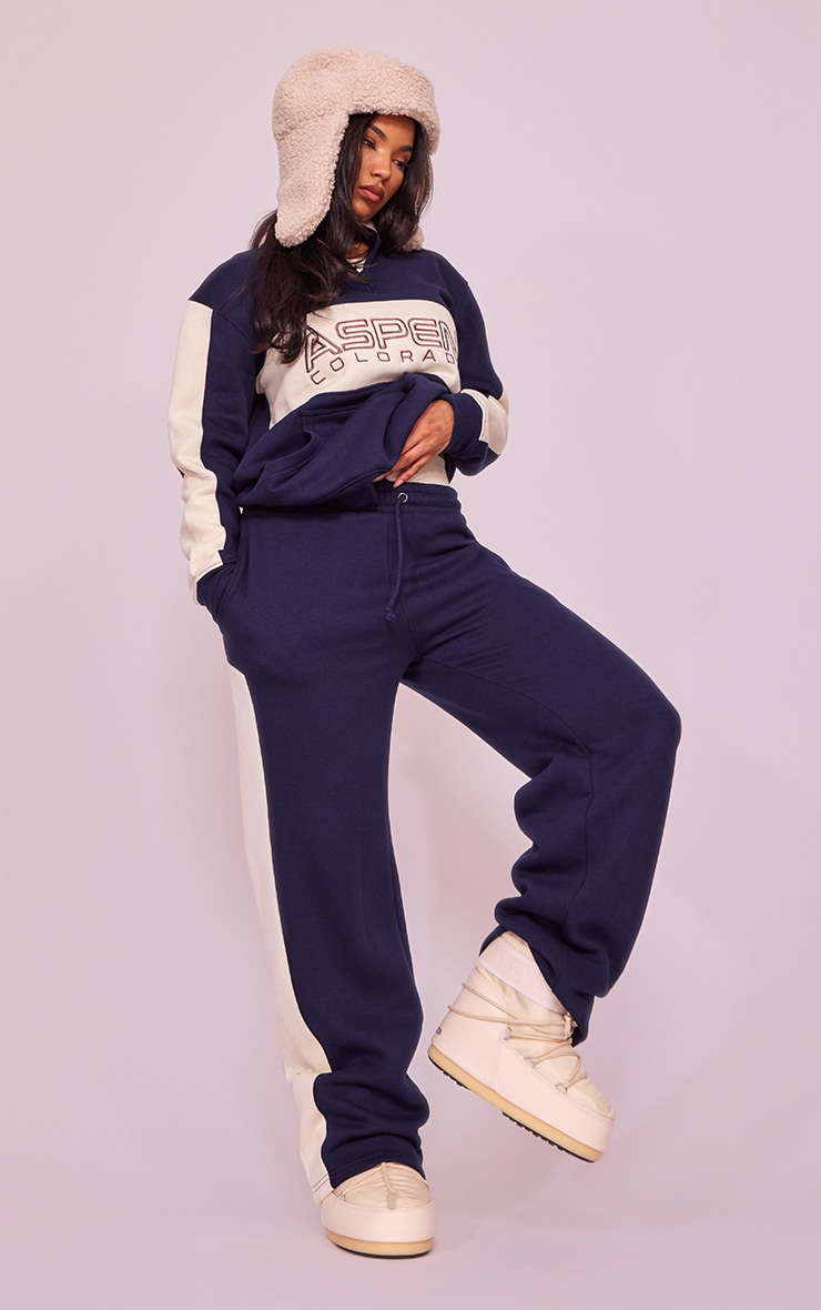 Navy Blue Aspen Embroidered Paneled Half Zip Oversized Sweat image 3