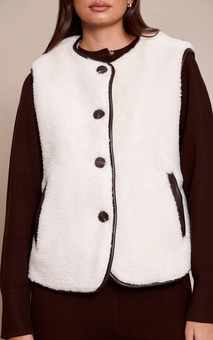 Cream Borg Faux Leather Trim Gilet image 4