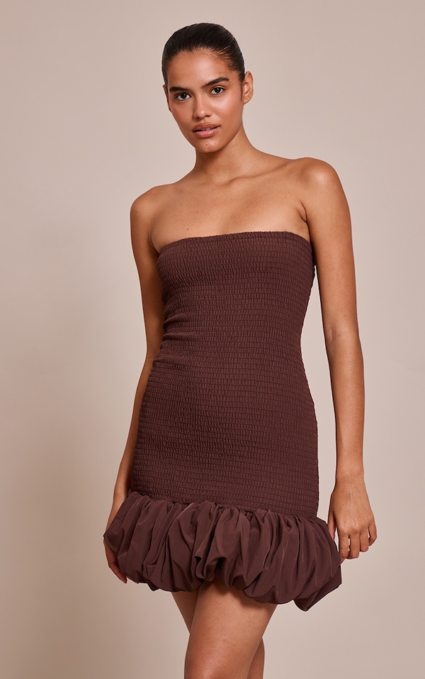 Chocolate Shirred Bandeau Bodycon Dress