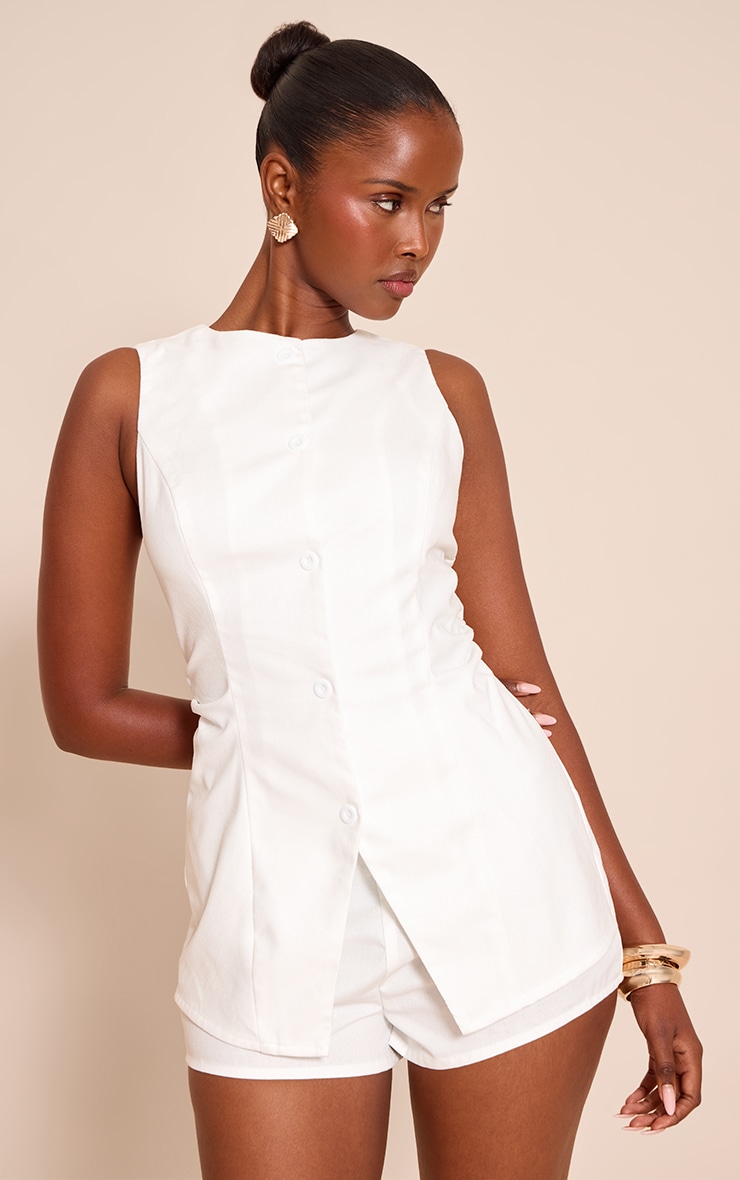 White Tailored Woven Button Down Romper image 1