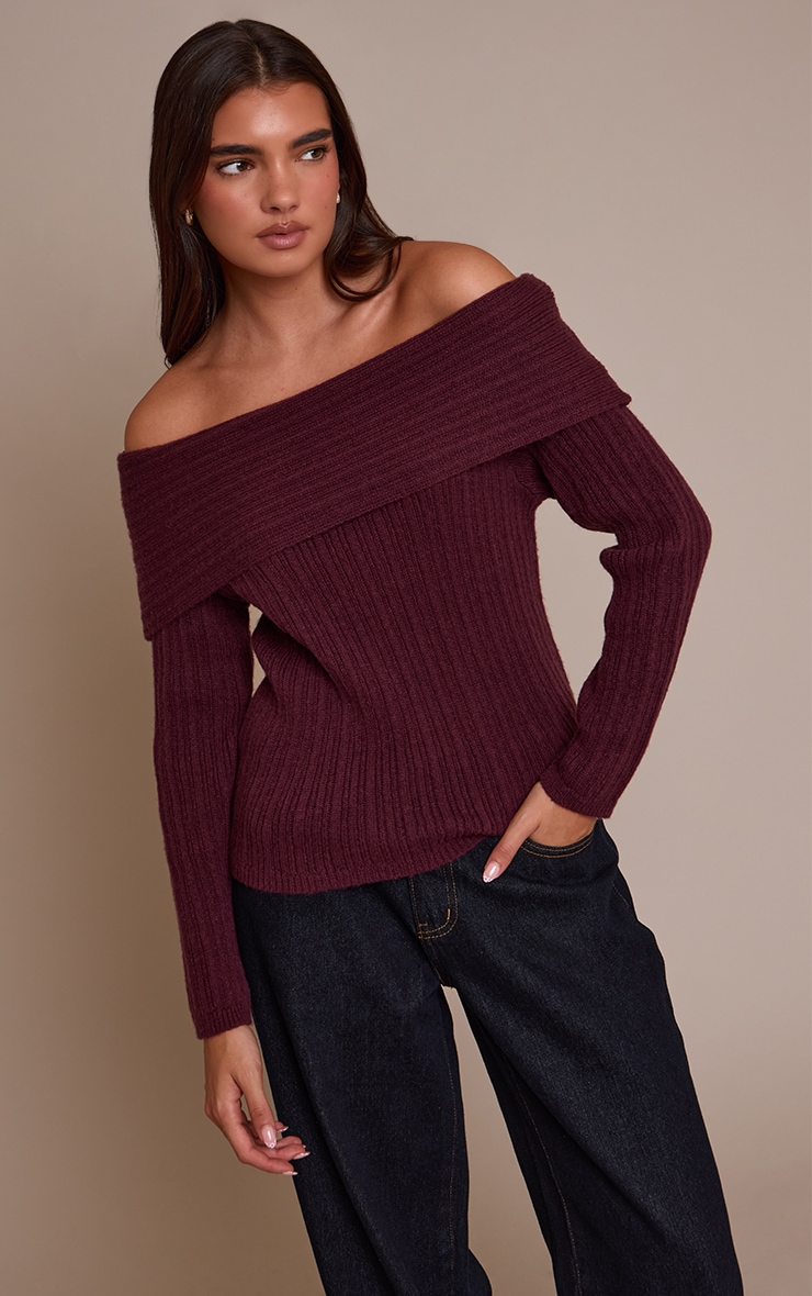 Burgundy Off The Shoulder Knit Long Sleeve Top