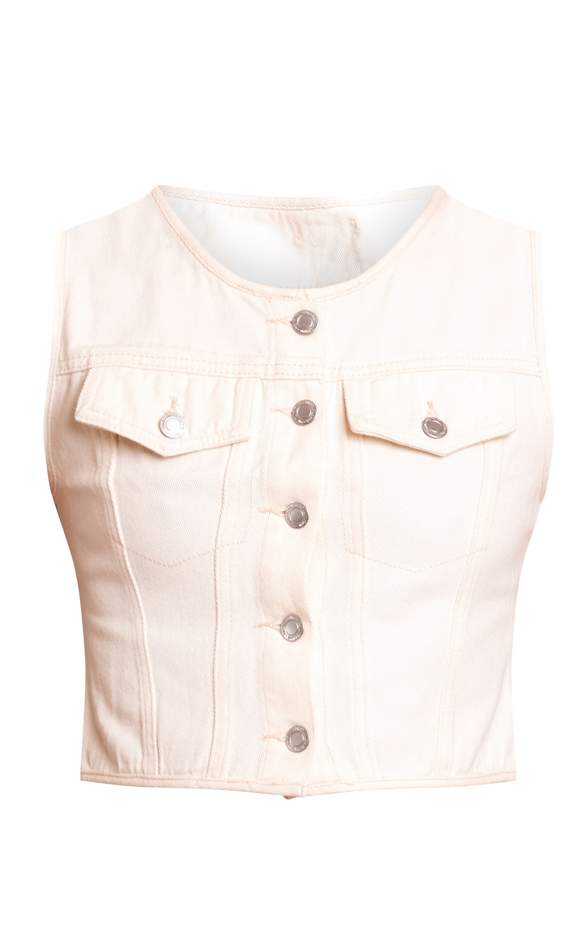 Butter Yellow Round Neck Button Detail Sleeveless Denim Crop Top image 5