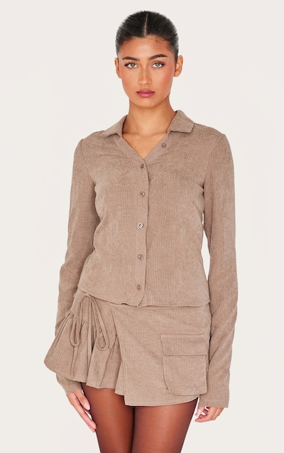 Chemise style cargo en peau de pêche taupe à fines rayures et manches longues