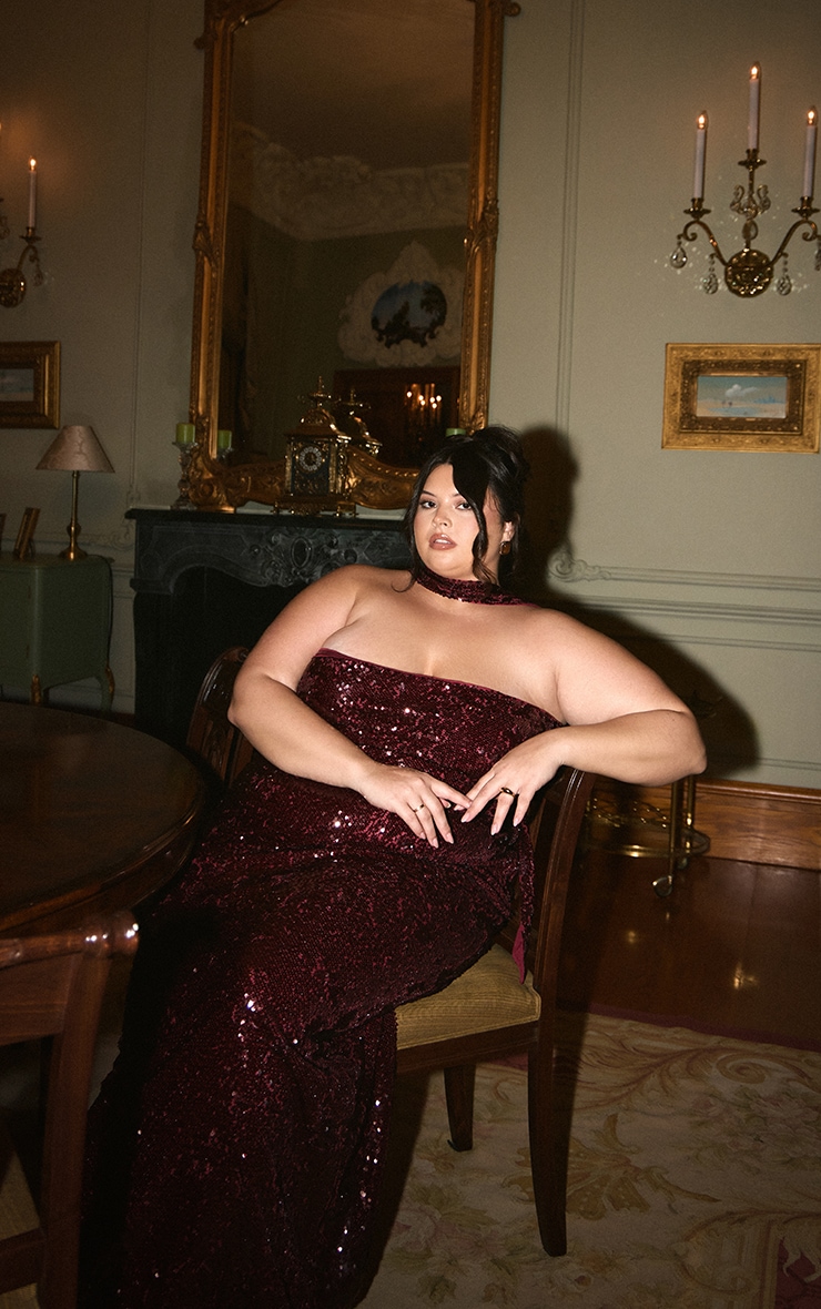 Plus Burgundy Sequin Scarf Detail Bandeau Maxi Dress image 5