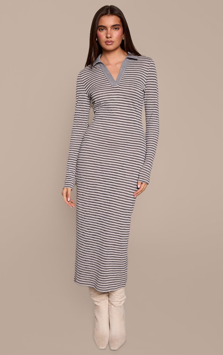 Grey Stripe Ribbed Collar Detail Bodycon Dress image 1