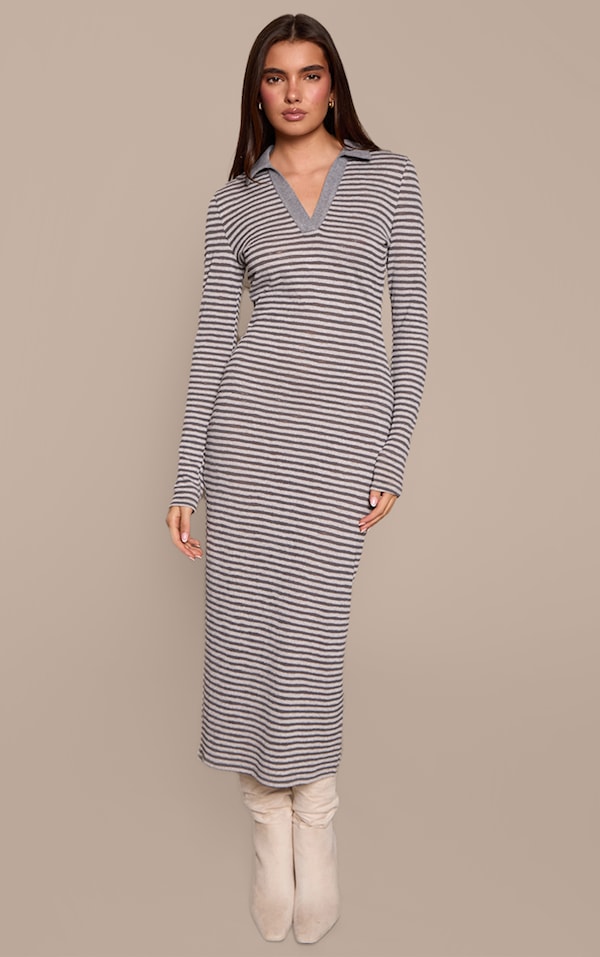 Grey Stripe Ribbed Collar Detail Bodycon Dress