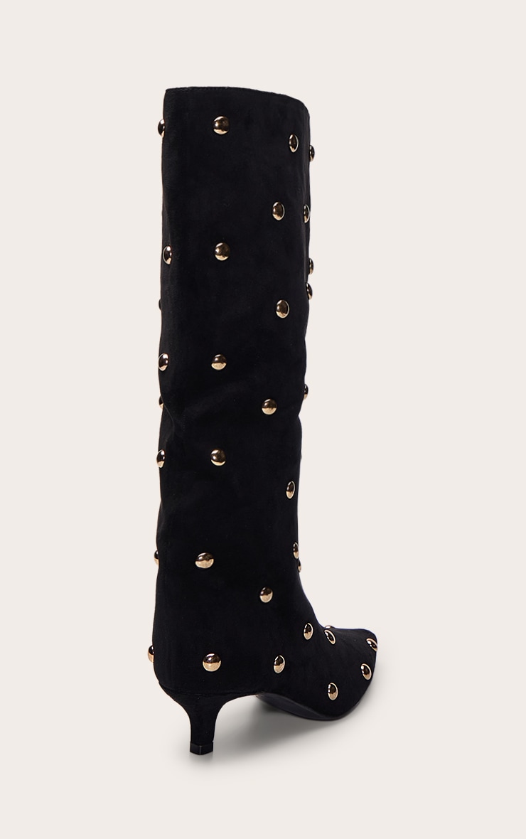 Black Suede Gold Bubble Stud Kitten Heeled Boots image 4