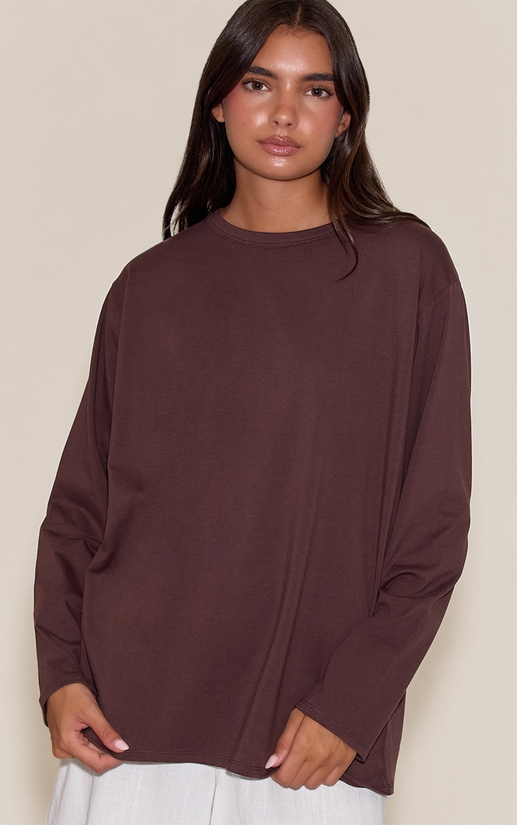 Dark Chocolate Cotton Basic Oversized Long Sleeve T-shirt image 4