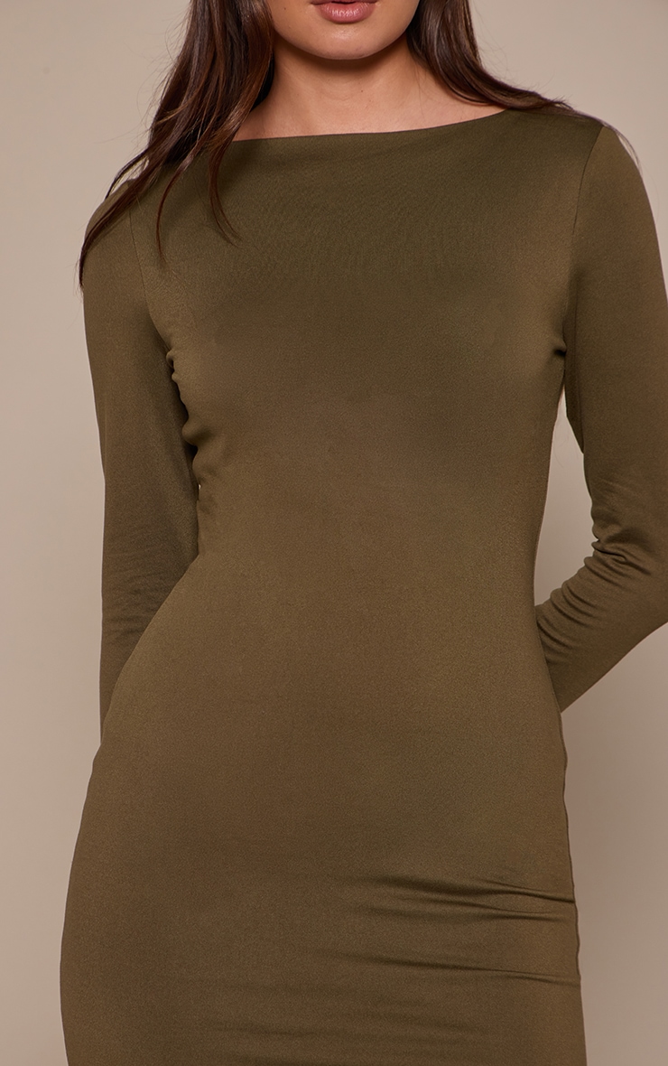 Dark Khaki Soft Touch Jersey Long Sleeve Bodycon Dress image 4