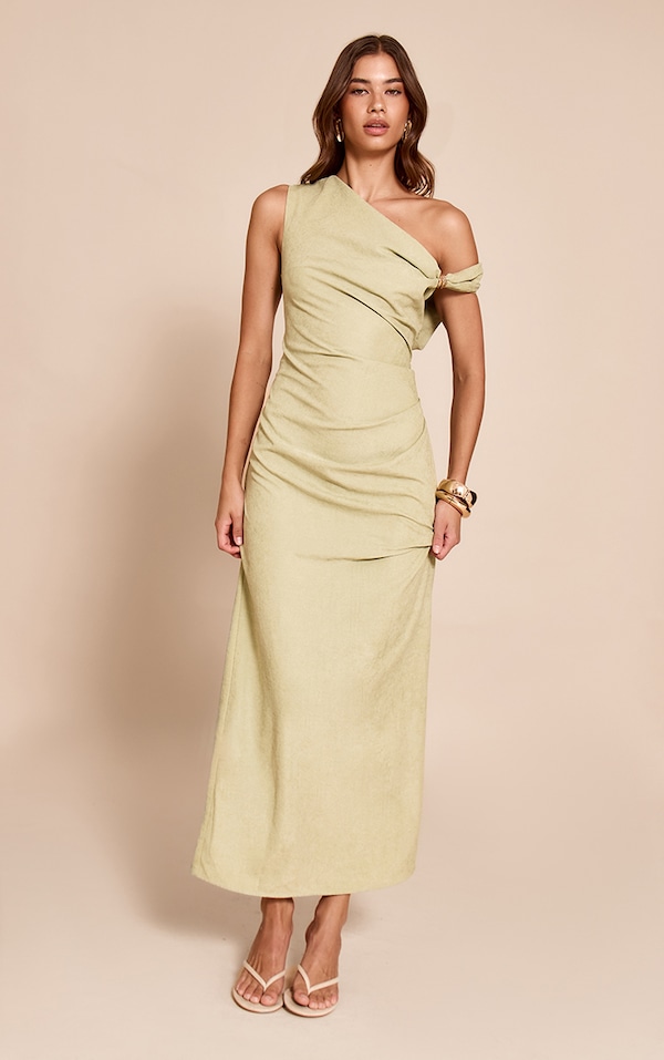 Sage Textured Off The Shoulder Trim Detail Midaxi Dress