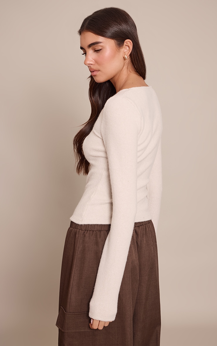 Cream Wool Knit Look Scoop Neck Long Sleeve Top image 2