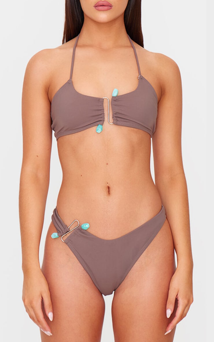 Bas de maillot de bain brésilien chocolat à empiècement argenté image 1
