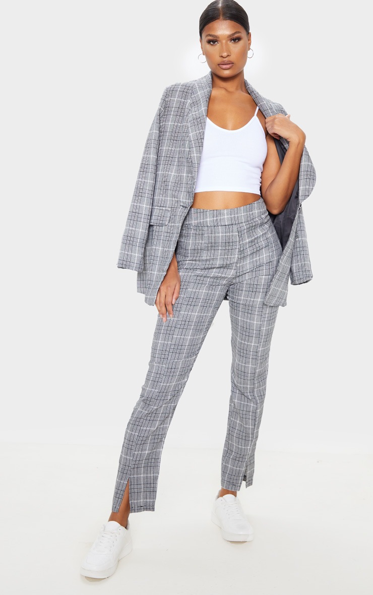 Grey Check Print Straight Leg Suit Pants