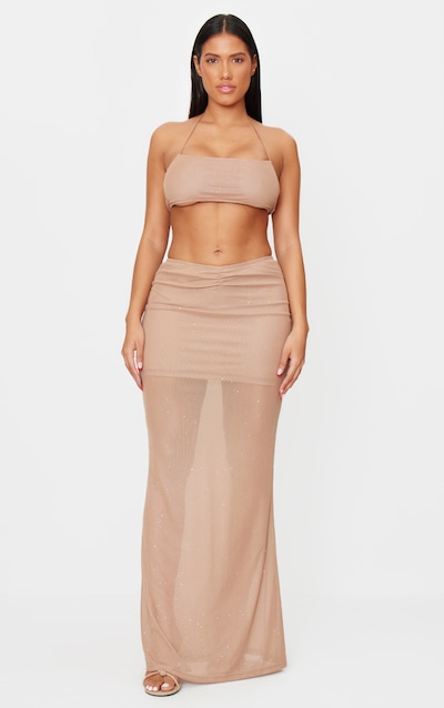 Shape Stone Glitter Low Rise Ruched Front Fishtail Maxi Skirt